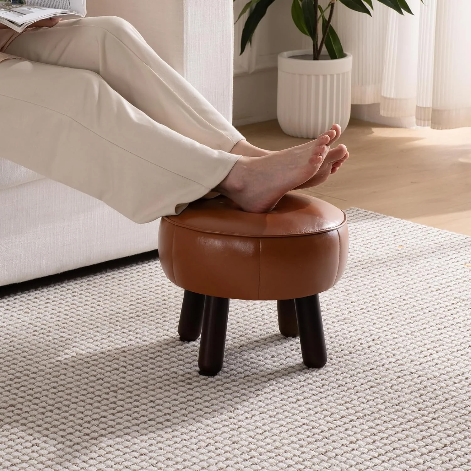 FashionTick Small Round Faux Leather Pouf Footstool with Wood Legs, 13 Inch, Brown - image 6