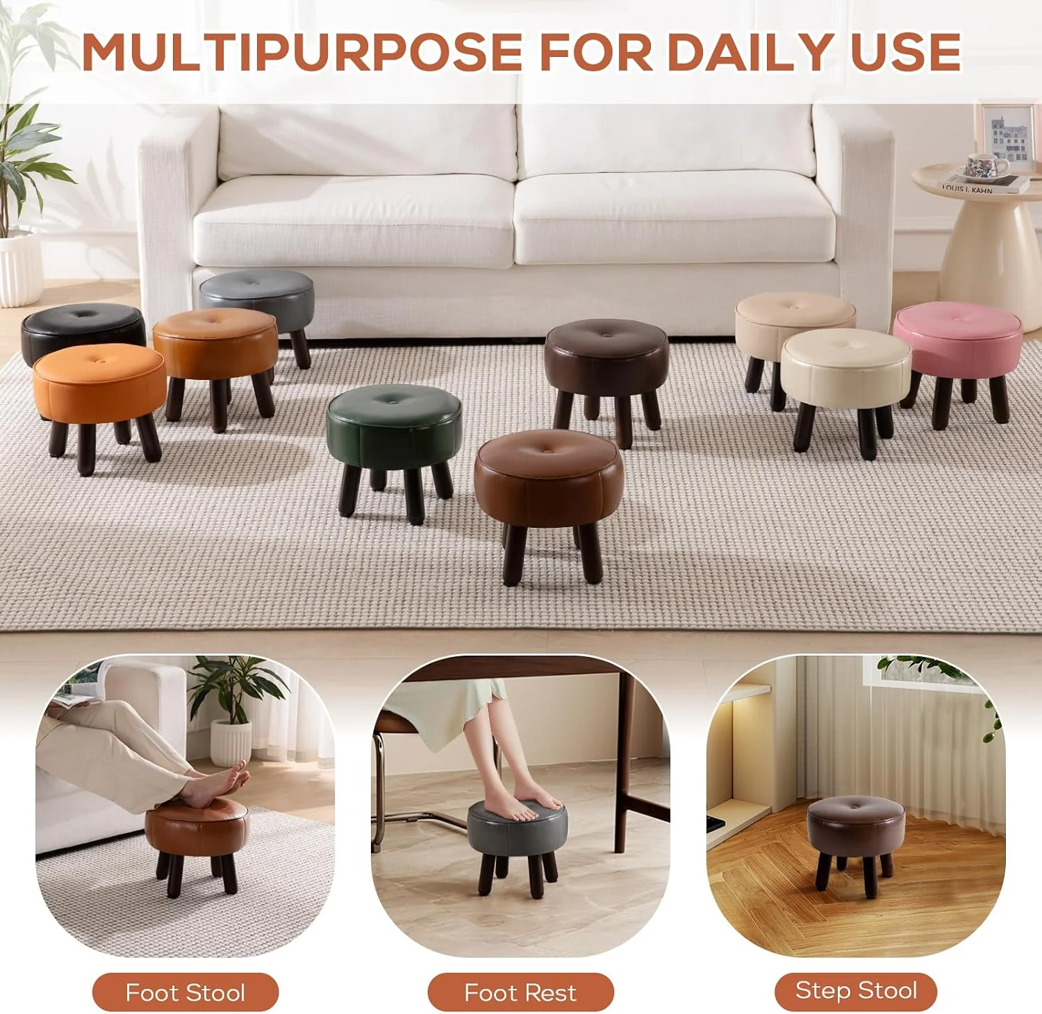 FashionTick Small Round Faux Leather Pouf Footstool with Wood Legs, 13 Inch, Brown - image 7