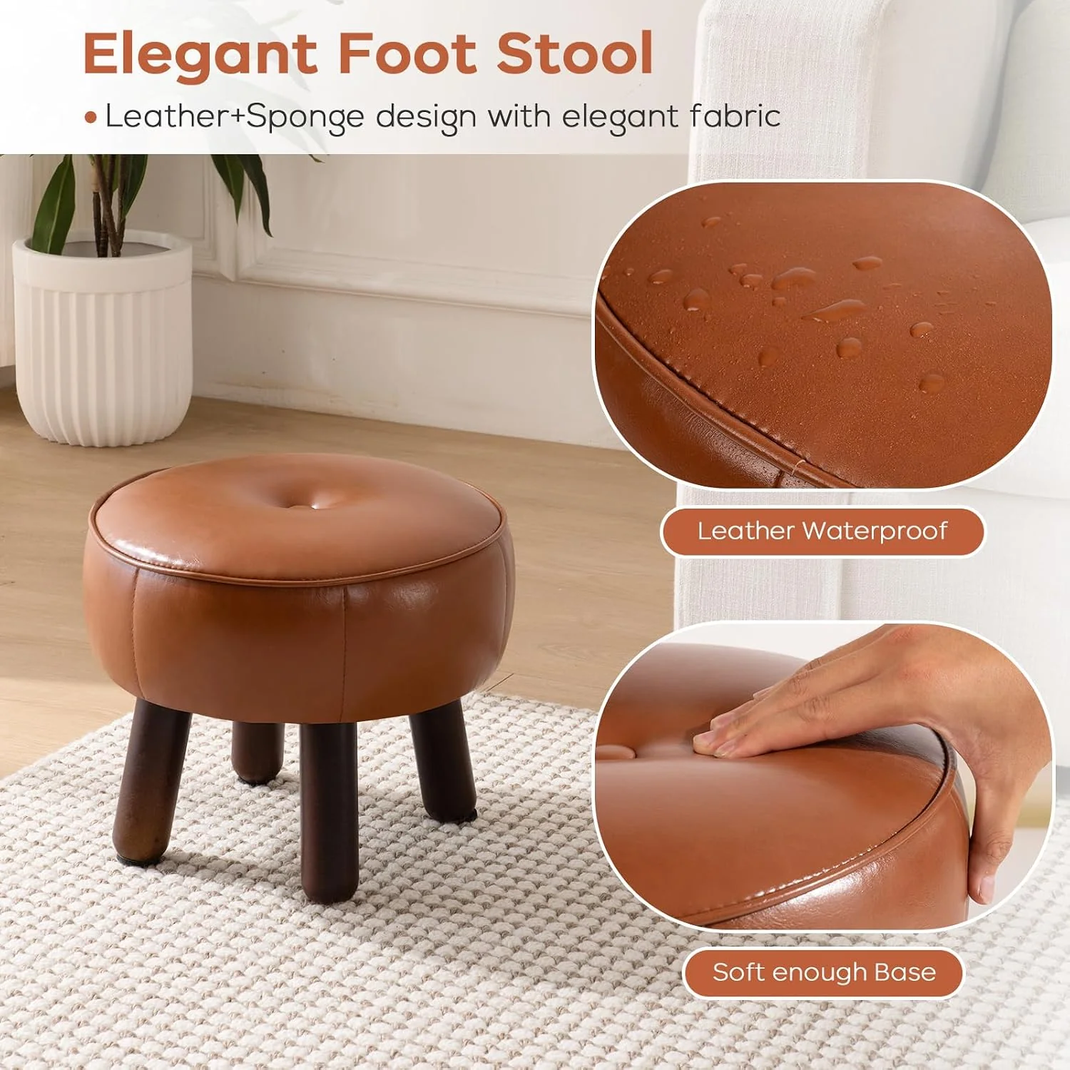 FashionTick Small Round Faux Leather Pouf Footstool with Wood Legs, 13 Inch, Brown - image 8