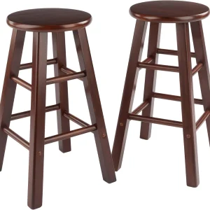FashionTick Solid Wood Round Seat Counter Stools, 24 Inch, Set of 2, Walnut