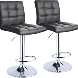 FashionTick Square Back PU Leather Adjustable Swivel Bar Stools, Chrome Base, Set of 2, Black