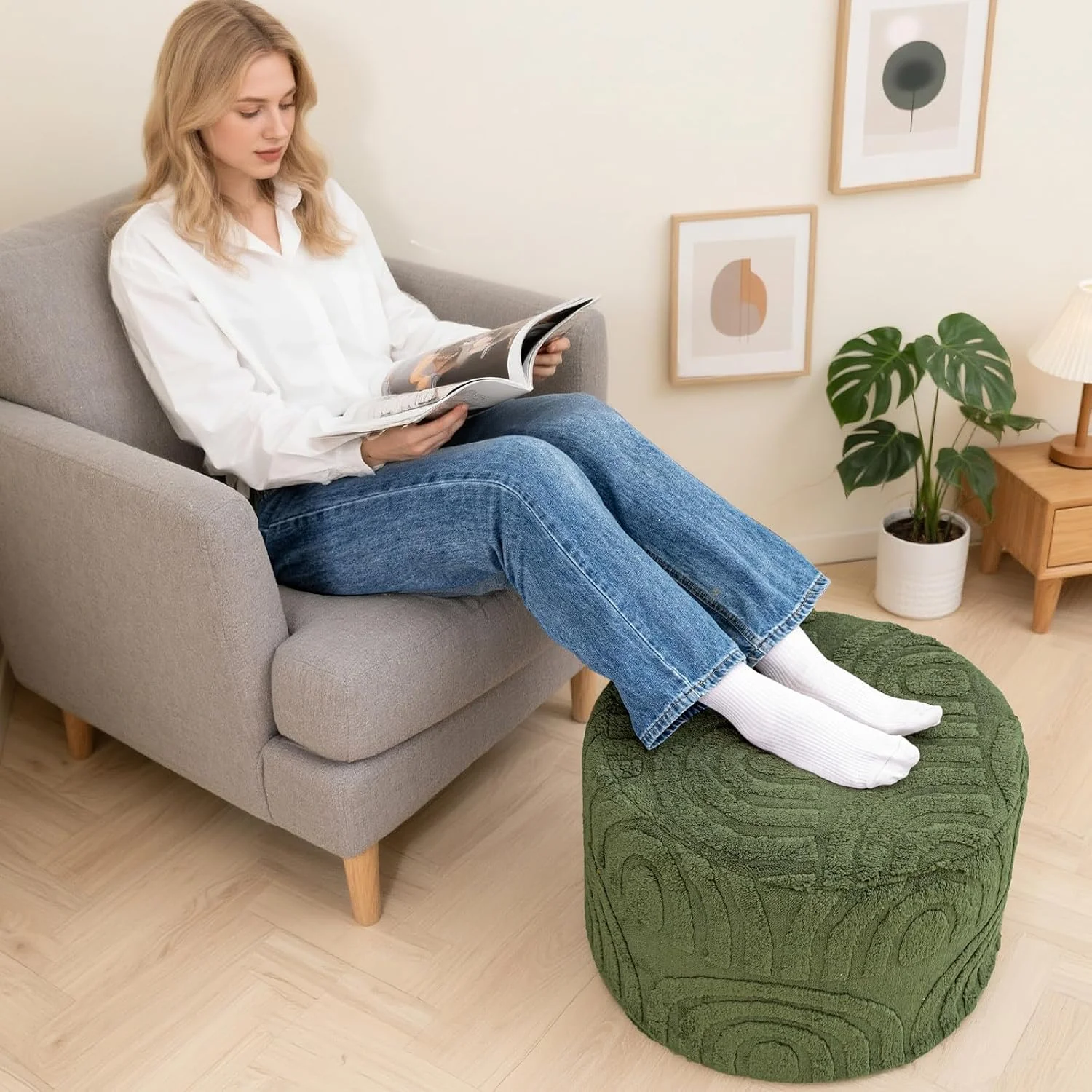 FashionTick Square Boucle Pouf Ottoman Foot Rest, 20 x 20 x 14 Inch, Deep Green - image 9