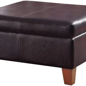 FashionTick Square Faux Leather Storage Ottoman, 28 Inch with Tapered Wood Legs, Distressed Brown
