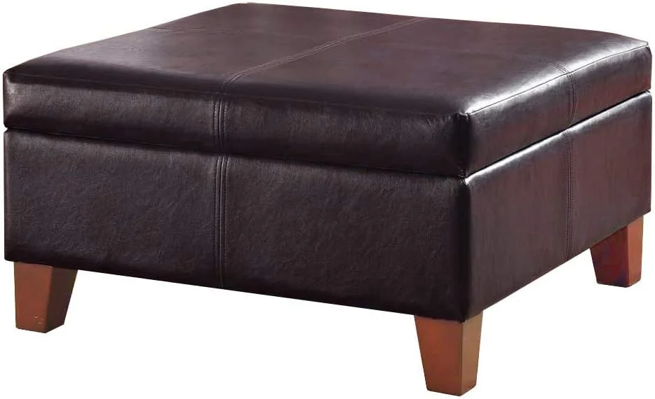 FashionTick Square Faux Leather Storage Ottoman, 28 Inch with Tapered Wood Legs, Distressed Brown