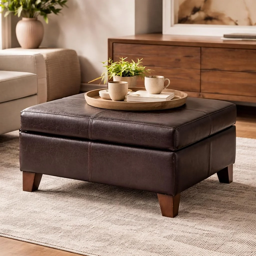 FashionTick Square Faux Leather Storage Ottoman, 28 Inch with Tapered Wood Legs, Distressed Brown - image 2