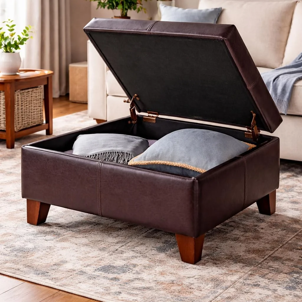 FashionTick Square Faux Leather Storage Ottoman, 28 Inch with Tapered Wood Legs, Distressed Brown - image 4