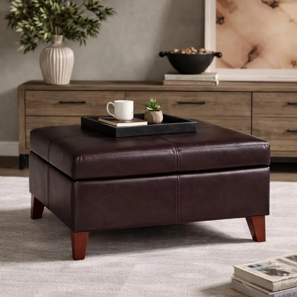 FashionTick Square Faux Leather Storage Ottoman, 28 Inch with Tapered Wood Legs, Distressed Brown - image 5