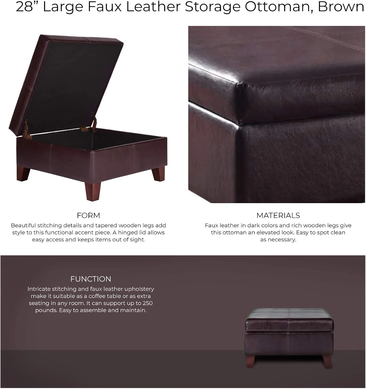 FashionTick Square Faux Leather Storage Ottoman, 28 Inch with Tapered Wood Legs, Distressed Brown - image 12