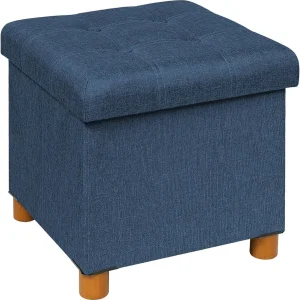 FashionTick Square Folding Storage Ottoman with Reversible Tray Lid and Wood Feet, 15 Inch, Blue