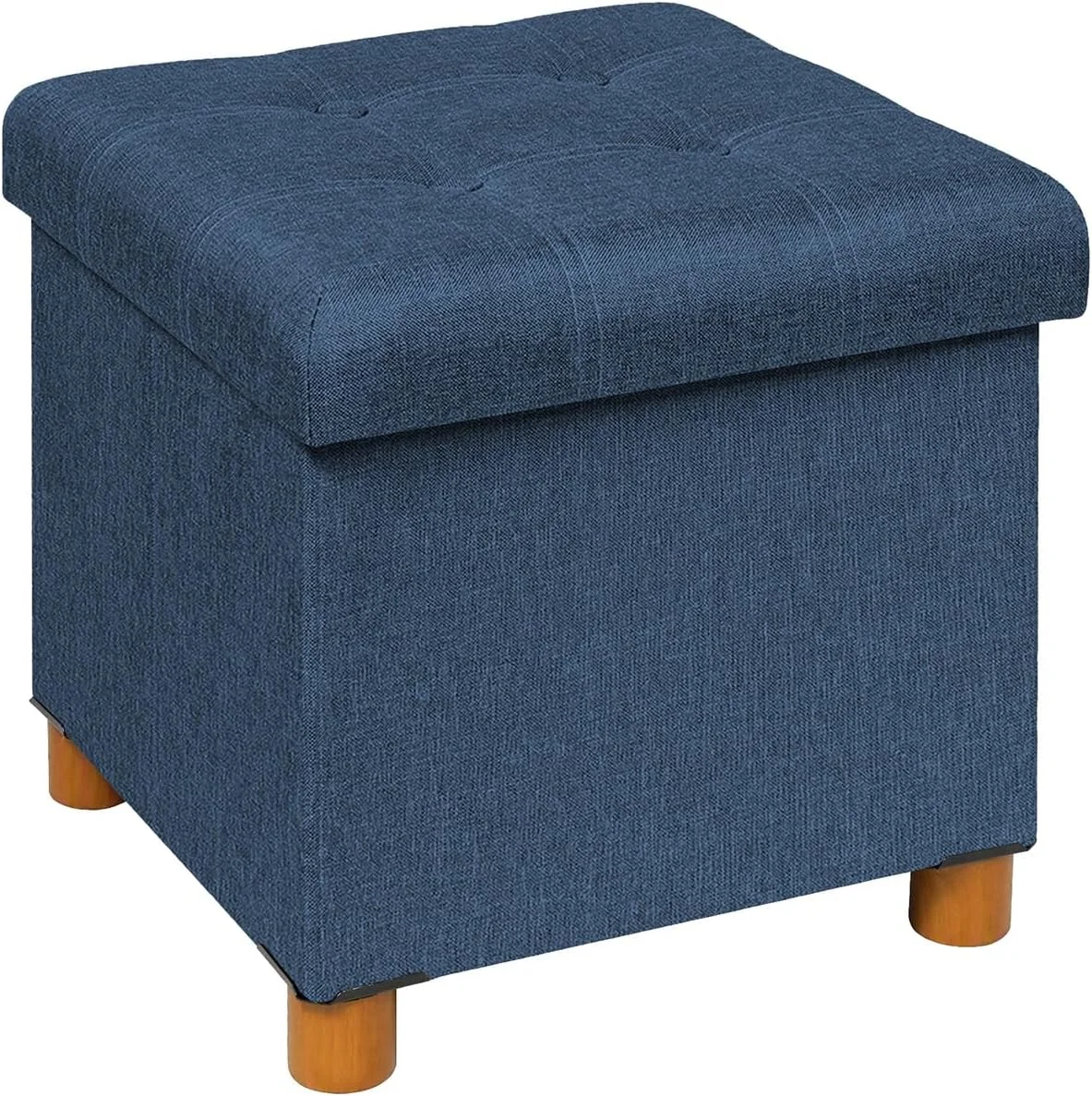 FashionTick Square Folding Storage Ottoman with Reversible Tray Lid and Wood Feet, 15 Inch, Blue