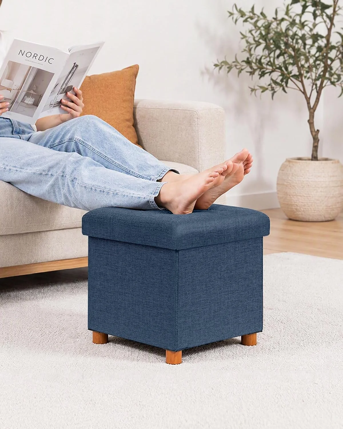 FashionTick Square Folding Storage Ottoman with Reversible Tray Lid and Wood Feet, 15 Inch, Blue - image 2