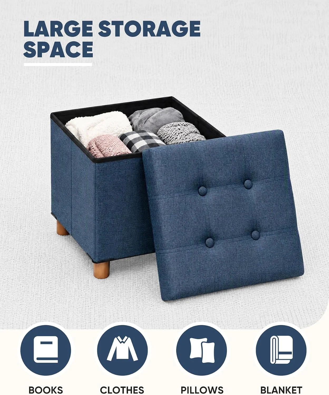 FashionTick Square Folding Storage Ottoman with Reversible Tray Lid and Wood Feet, 15 Inch, Blue - image 3