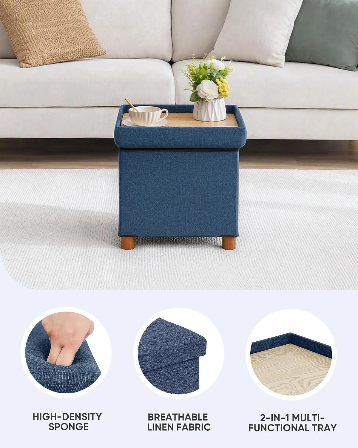 FashionTick Square Folding Storage Ottoman with Reversible Tray Lid and Wood Feet, 15 Inch, Blue - image 4