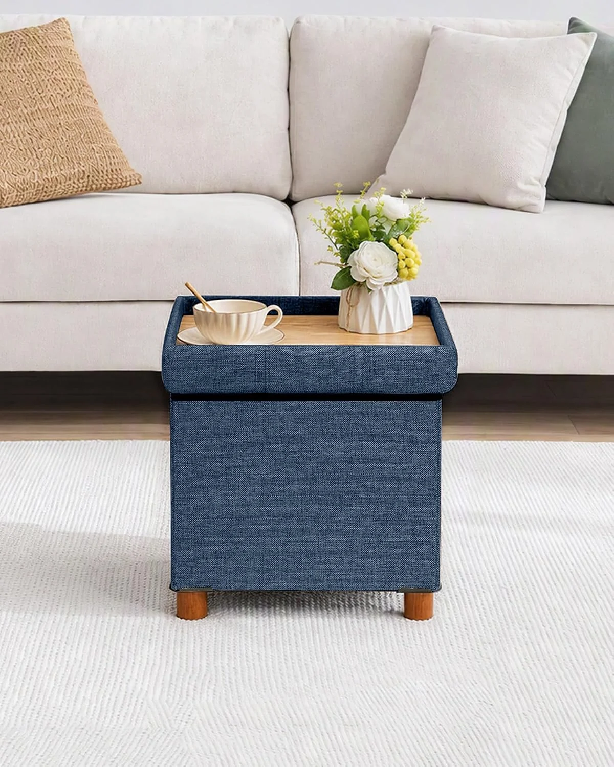 FashionTick Square Folding Storage Ottoman with Reversible Tray Lid and Wood Feet, 15 Inch, Blue - image 5