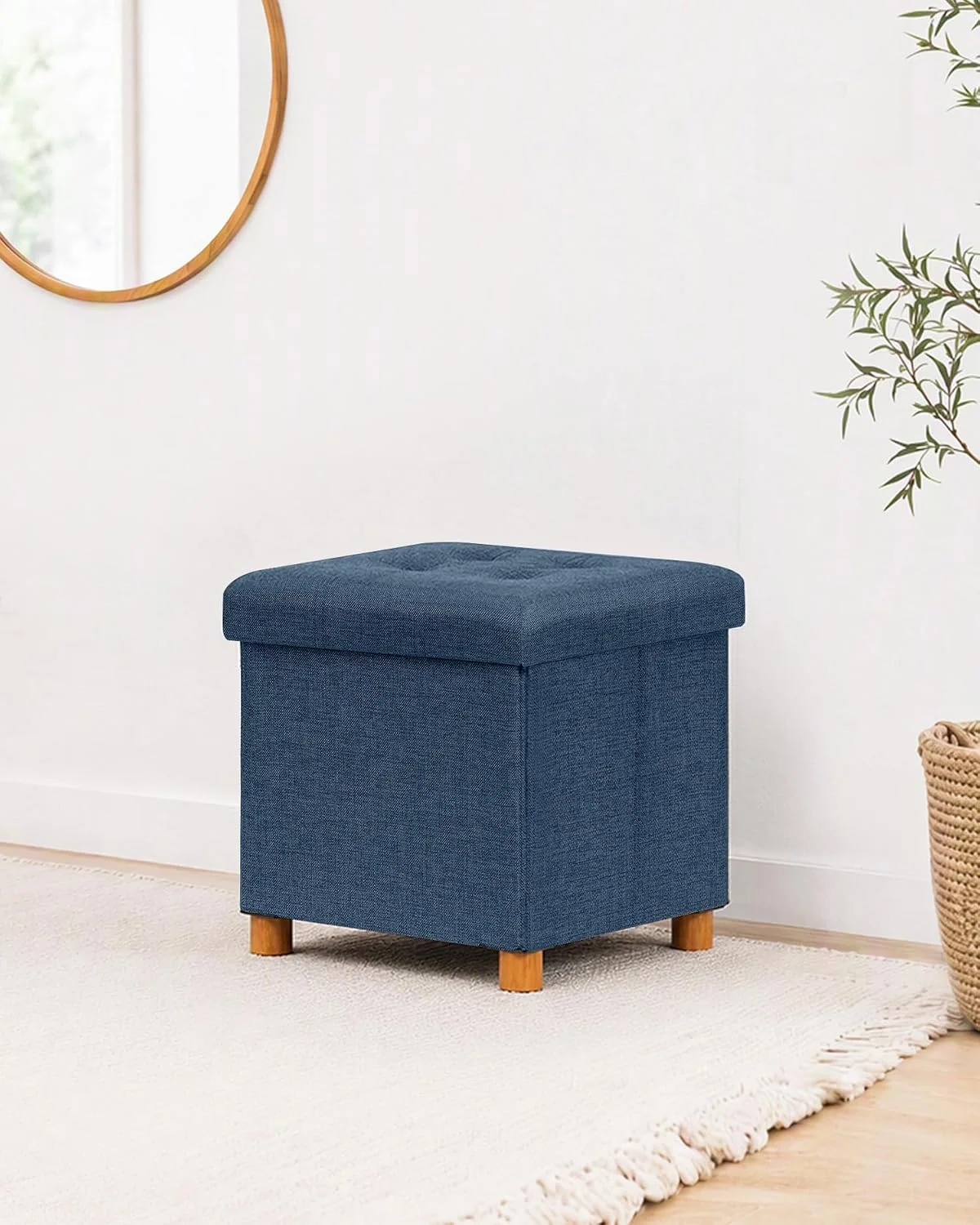 FashionTick Square Folding Storage Ottoman with Reversible Tray Lid and Wood Feet, 15 Inch, Blue - image 6