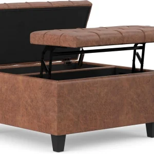 FashionTick Square Lift-Top Storage Ottoman, 30 Inch Vegan Leather with Tufted Top, Distressed Saddle Brown