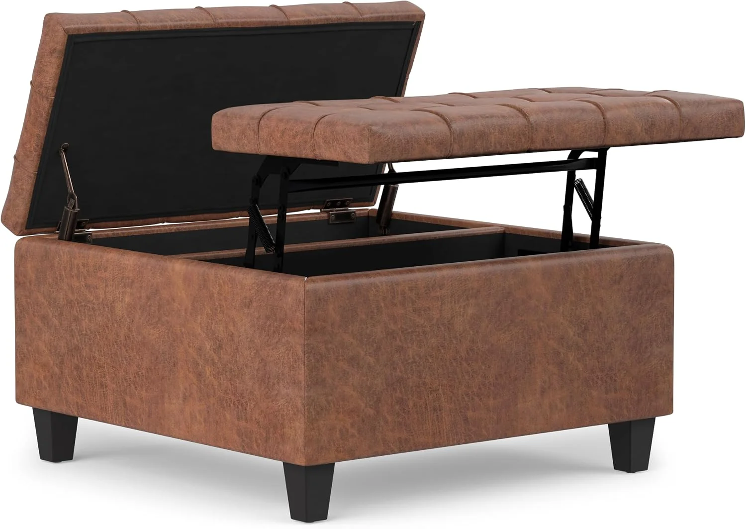 FashionTick Square Lift-Top Storage Ottoman, 30 Inch Vegan Leather with Tufted Top, Distressed Saddle Brown
