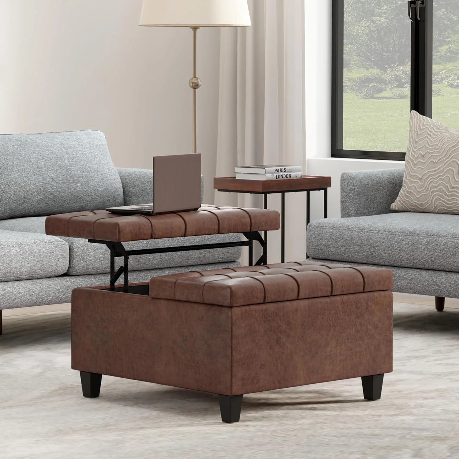 FashionTick Square Lift-Top Storage Ottoman, 30 Inch Vegan Leather with Tufted Top, Distressed Saddle Brown - image 2