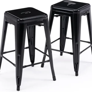 FashionTick Stackable Backless Metal Counter Stools, 24 Inch Indoor Outdoor, Set of 2, Black