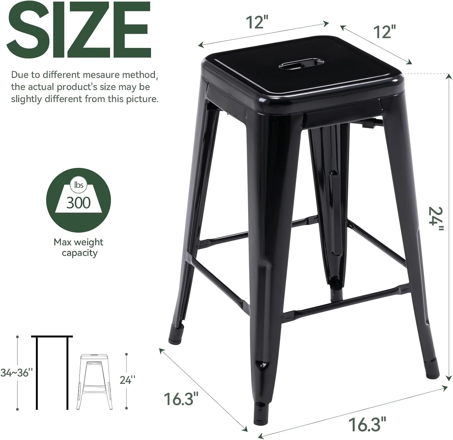 FashionTick Stackable Backless Metal Counter Stools, 24 Inch Indoor Outdoor, Set of 2, Black - image 3