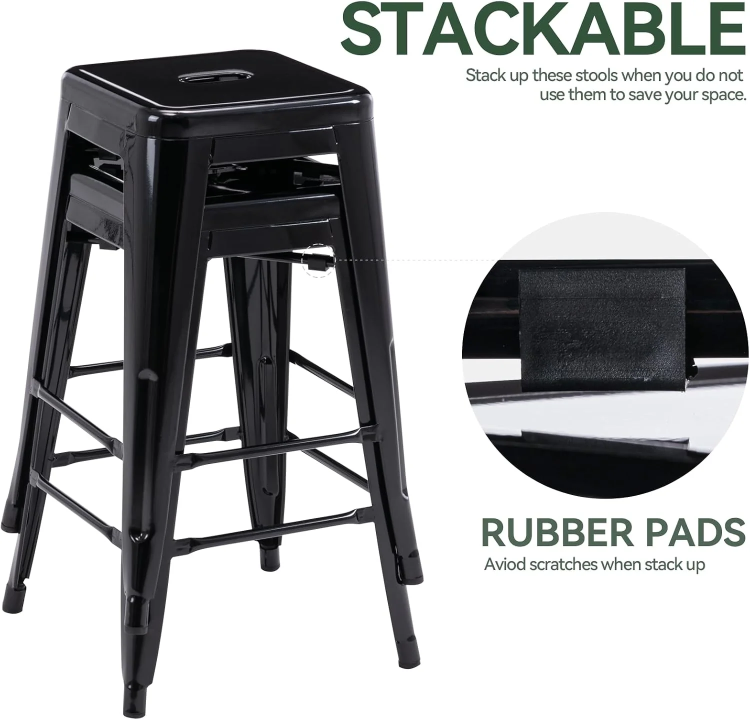FashionTick Stackable Backless Metal Counter Stools, 24 Inch Indoor Outdoor, Set of 2, Black - image 6