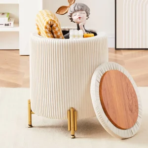 FashionTick Striped Velvet Storage Ottoman with Gold Metal Legs and Flip Tray Lid, Cream