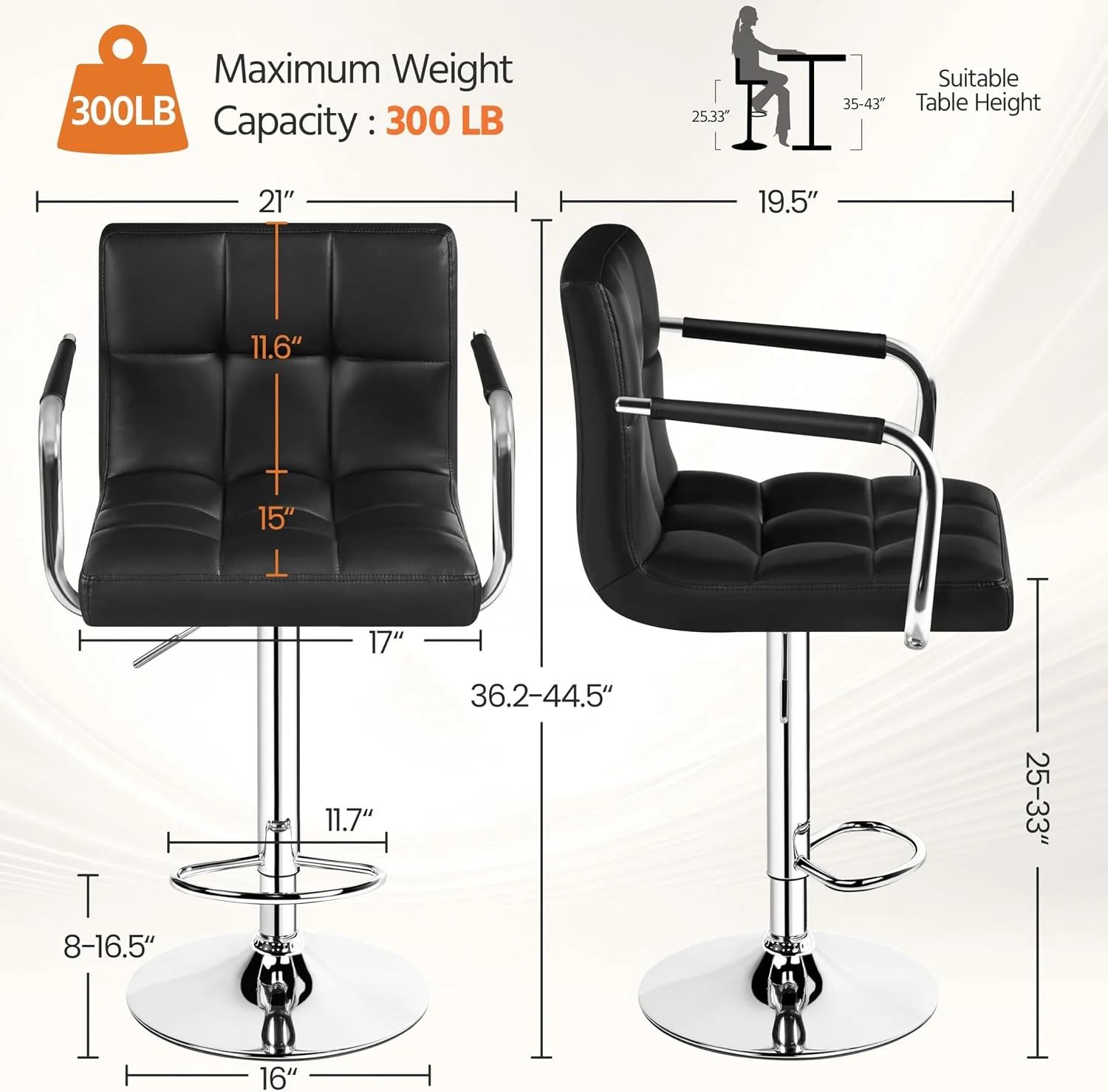 FashionTick Swivel Bar Stools with Backs and Armrests, Adjustable Height, Set of 2, Black - image 3