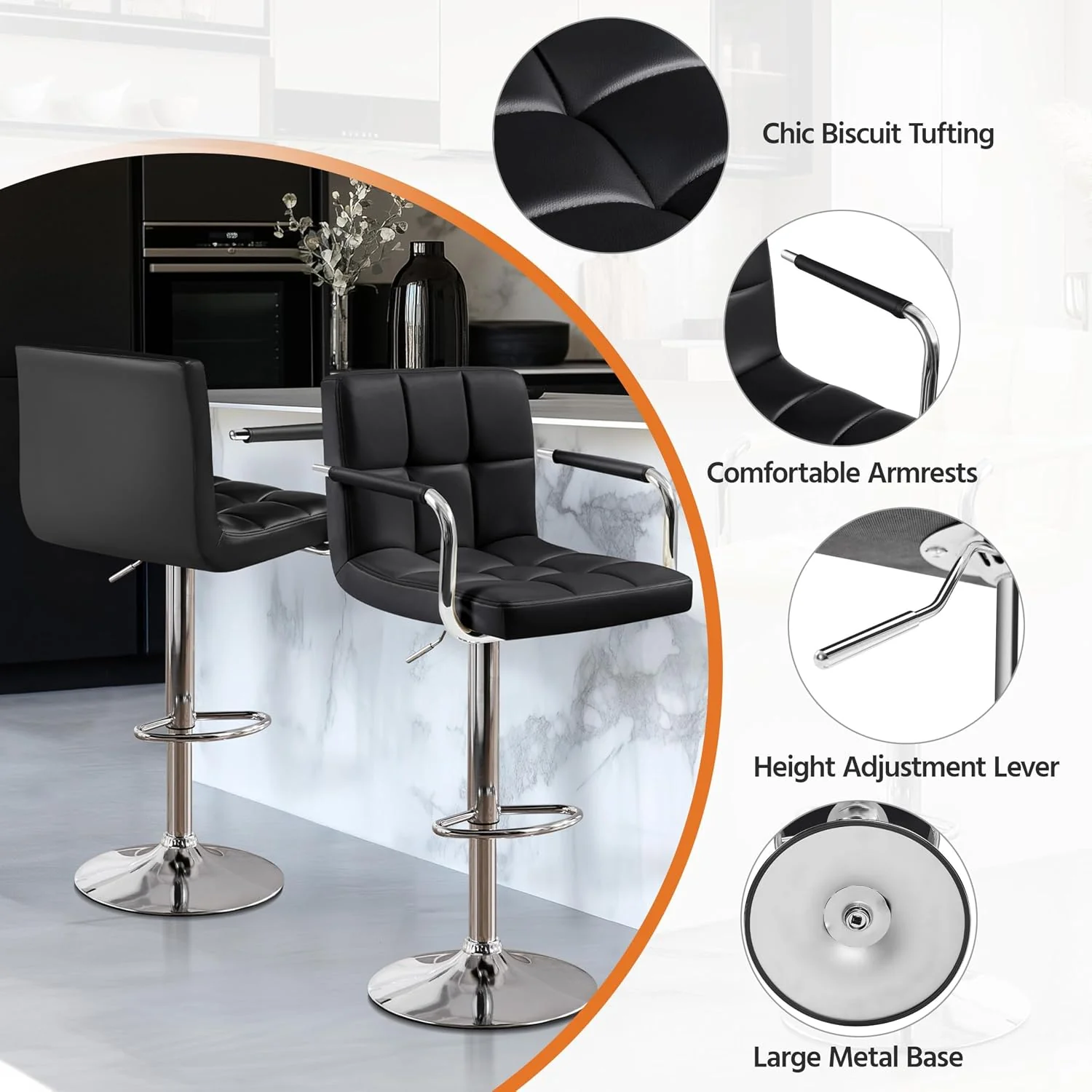 FashionTick Swivel Bar Stools with Backs and Armrests, Adjustable Height, Set of 2, Black - image 5