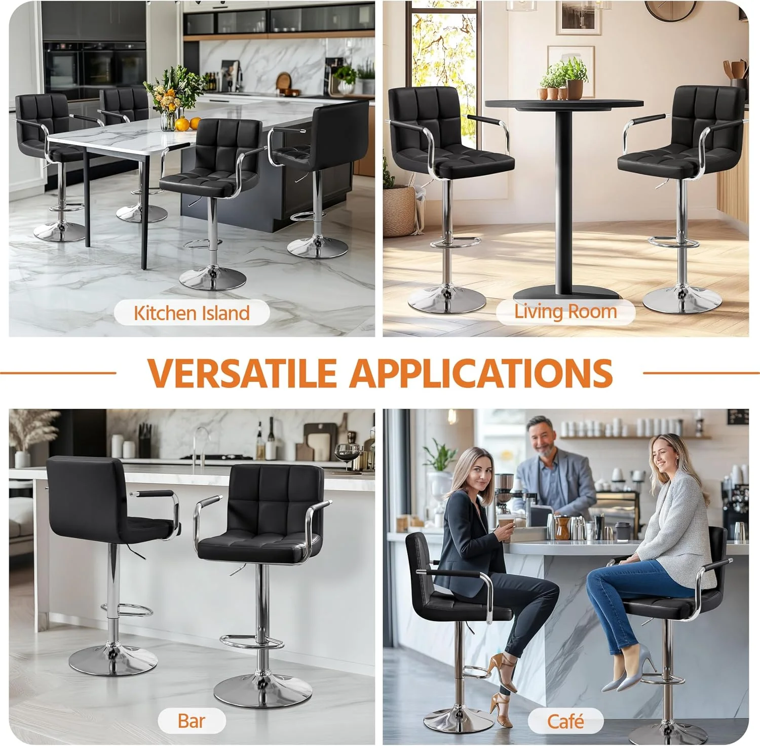 FashionTick Swivel Bar Stools with Backs and Armrests, Adjustable Height, Set of 2, Black - image 7