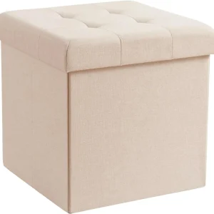 FashionTick Tufted Folding Storage Ottoman Cube, 15 Inch Faux Linen Foot Rest, Beige