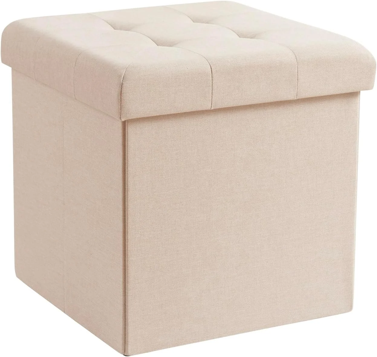 FashionTick Tufted Folding Storage Ottoman Cube, 15 Inch Faux Linen Foot Rest, Beige