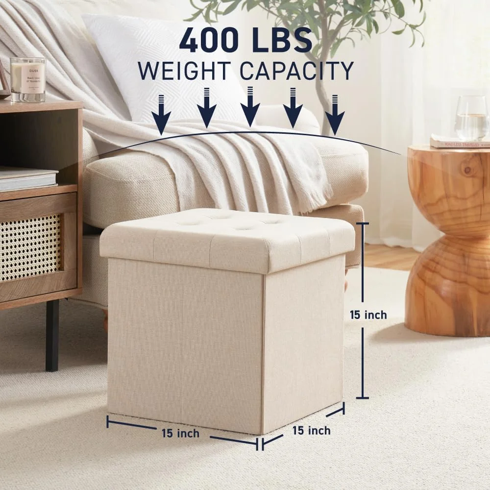 FashionTick Tufted Folding Storage Ottoman Cube, 15 Inch Faux Linen Foot Rest, Beige - image 3