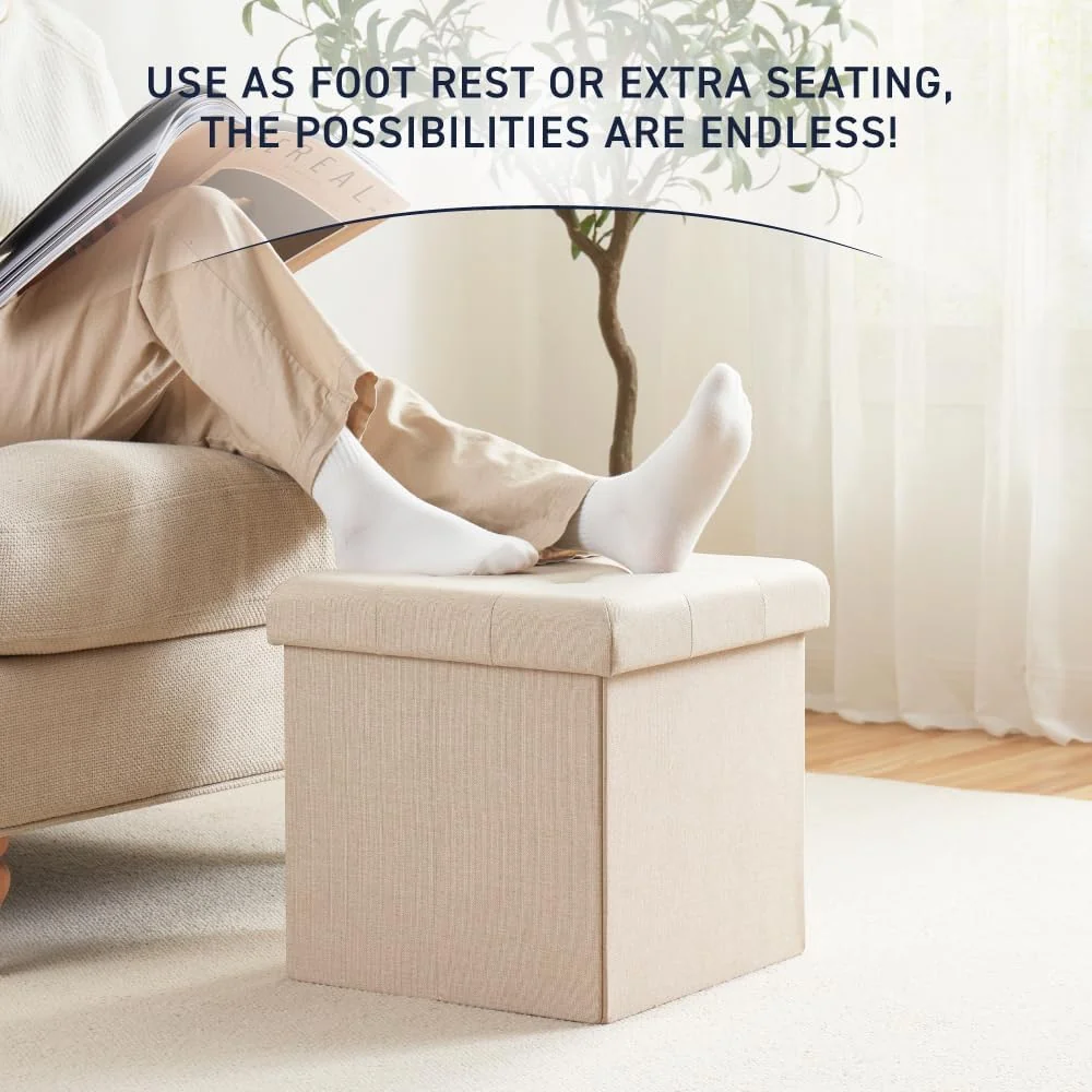 FashionTick Tufted Folding Storage Ottoman Cube, 15 Inch Faux Linen Foot Rest, Beige - image 5