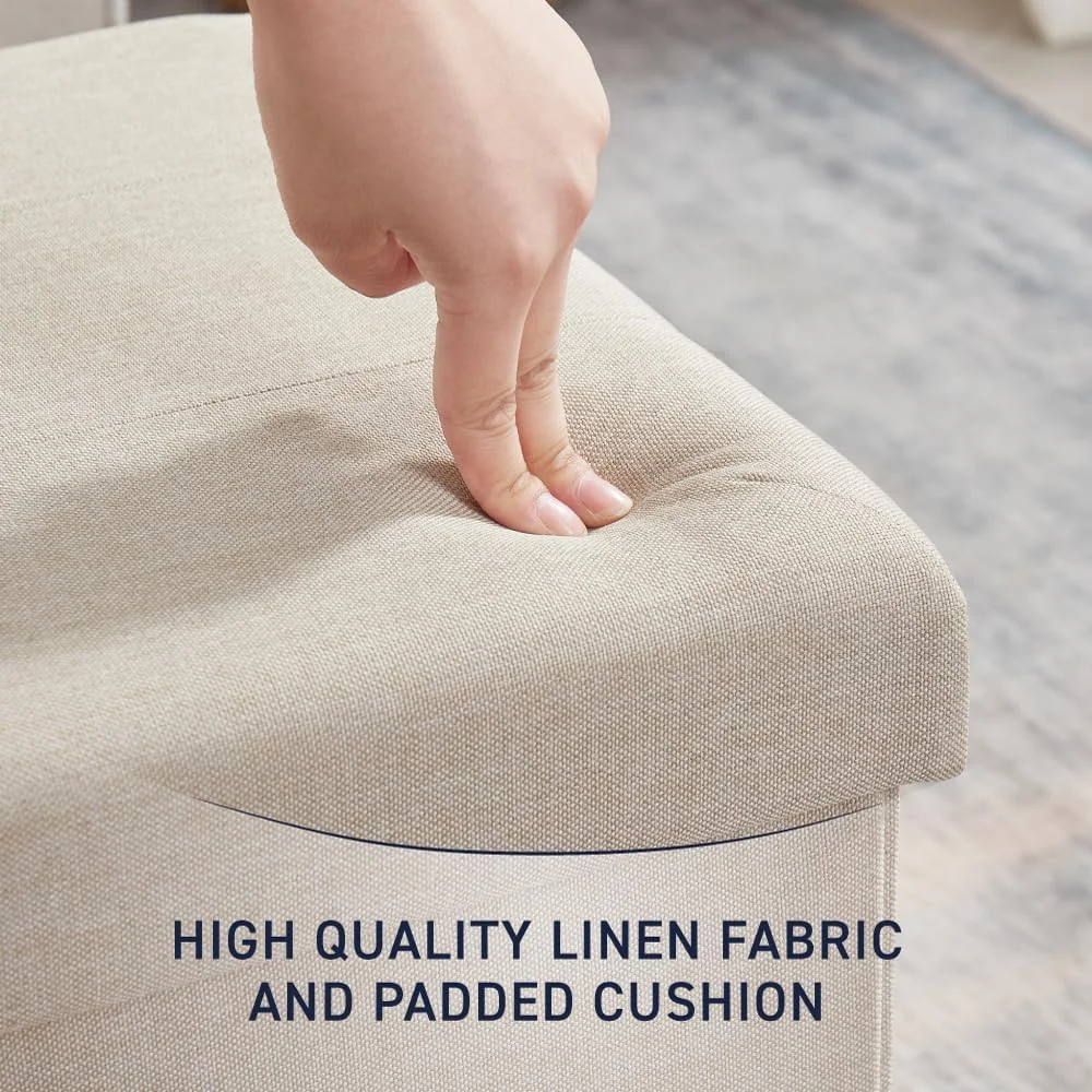 FashionTick Tufted Folding Storage Ottoman Cube, 15 Inch Faux Linen Foot Rest, Beige - image 6
