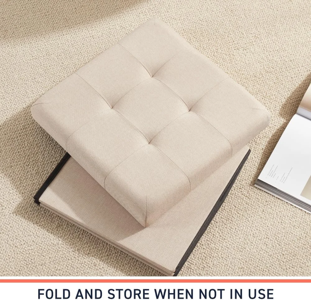 FashionTick Tufted Folding Storage Ottoman Cube, 15 Inch Faux Linen Foot Rest, Beige - image 7