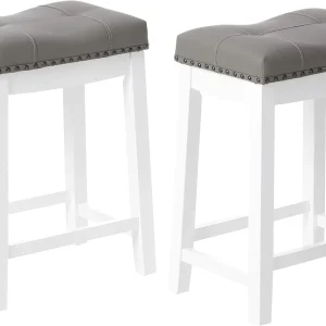 FashionTick Upholstered Counter Stools with Nailhead Trim, 24 Inch Set of 2, White with Gray Cushion