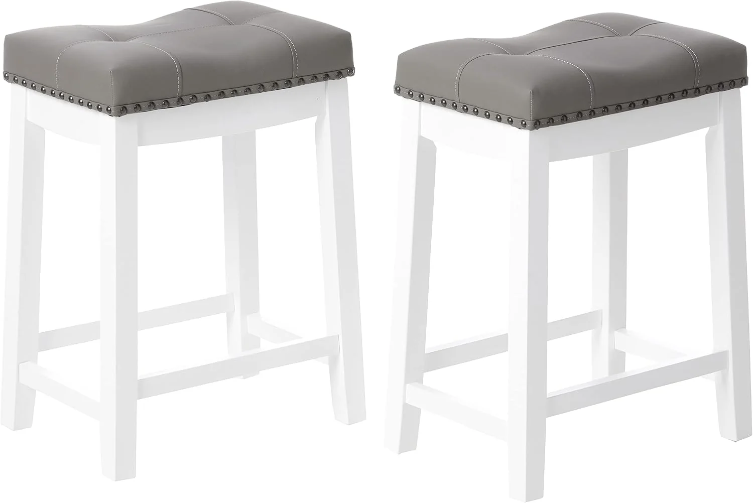 FashionTick Upholstered Counter Stools with Nailhead Trim, 24 Inch Set of 2, White with Gray Cushion