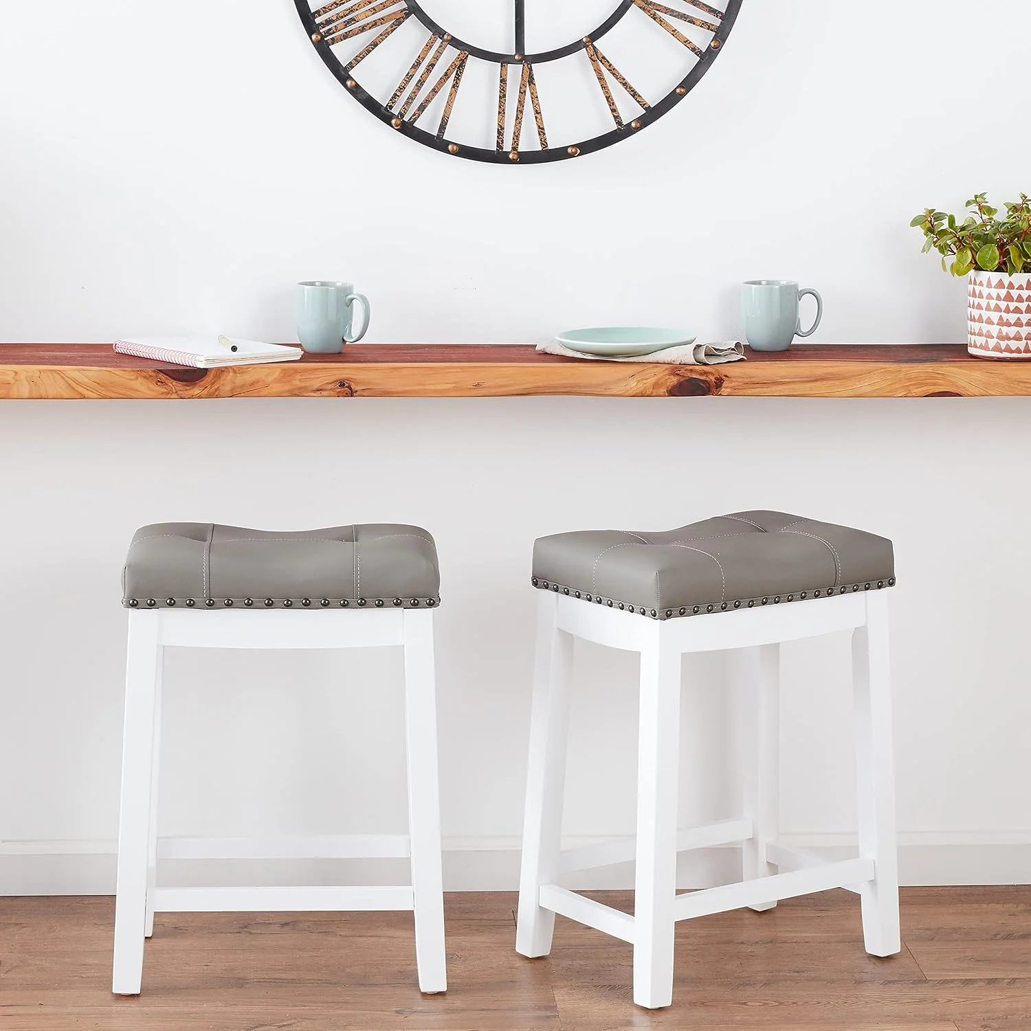 FashionTick Upholstered Counter Stools with Nailhead Trim, 24 Inch Set of 2, White with Gray Cushion - image 2