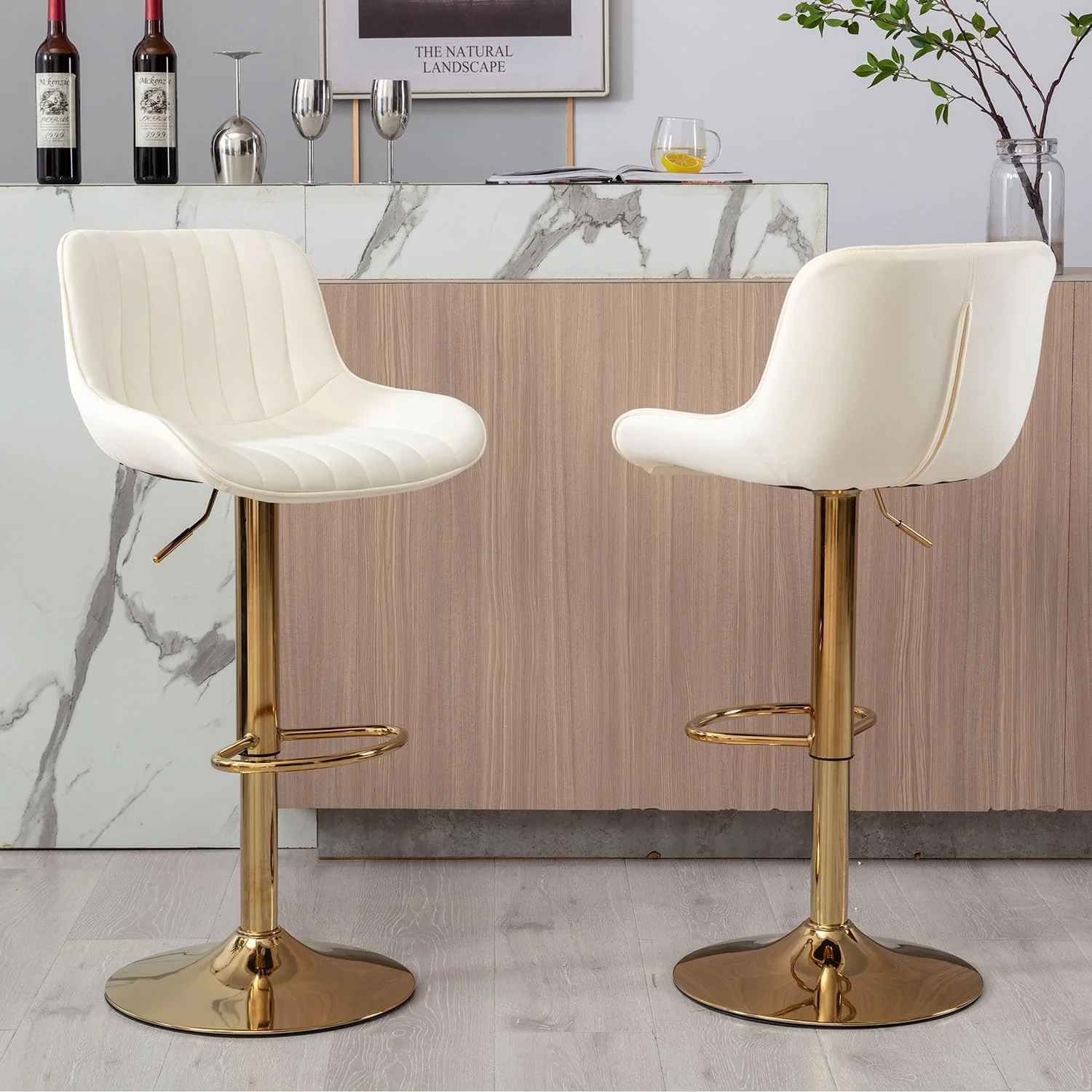 FashionTick Velvet Swivel Counter Stools with Gold Base and Adjustable Height, Set of 2, Beige and Gold - image 2