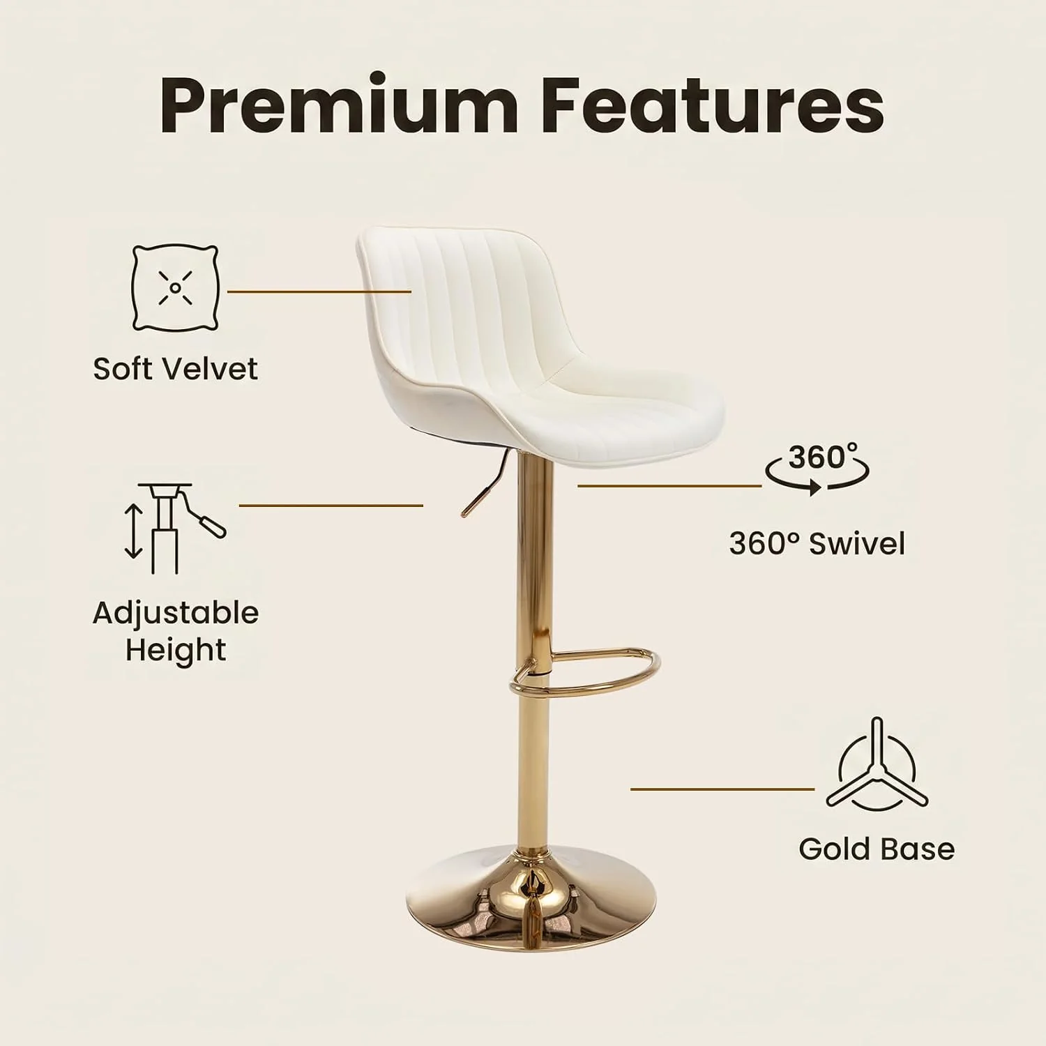 FashionTick Velvet Swivel Counter Stools with Gold Base and Adjustable Height, Set of 2, Beige and Gold - image 4