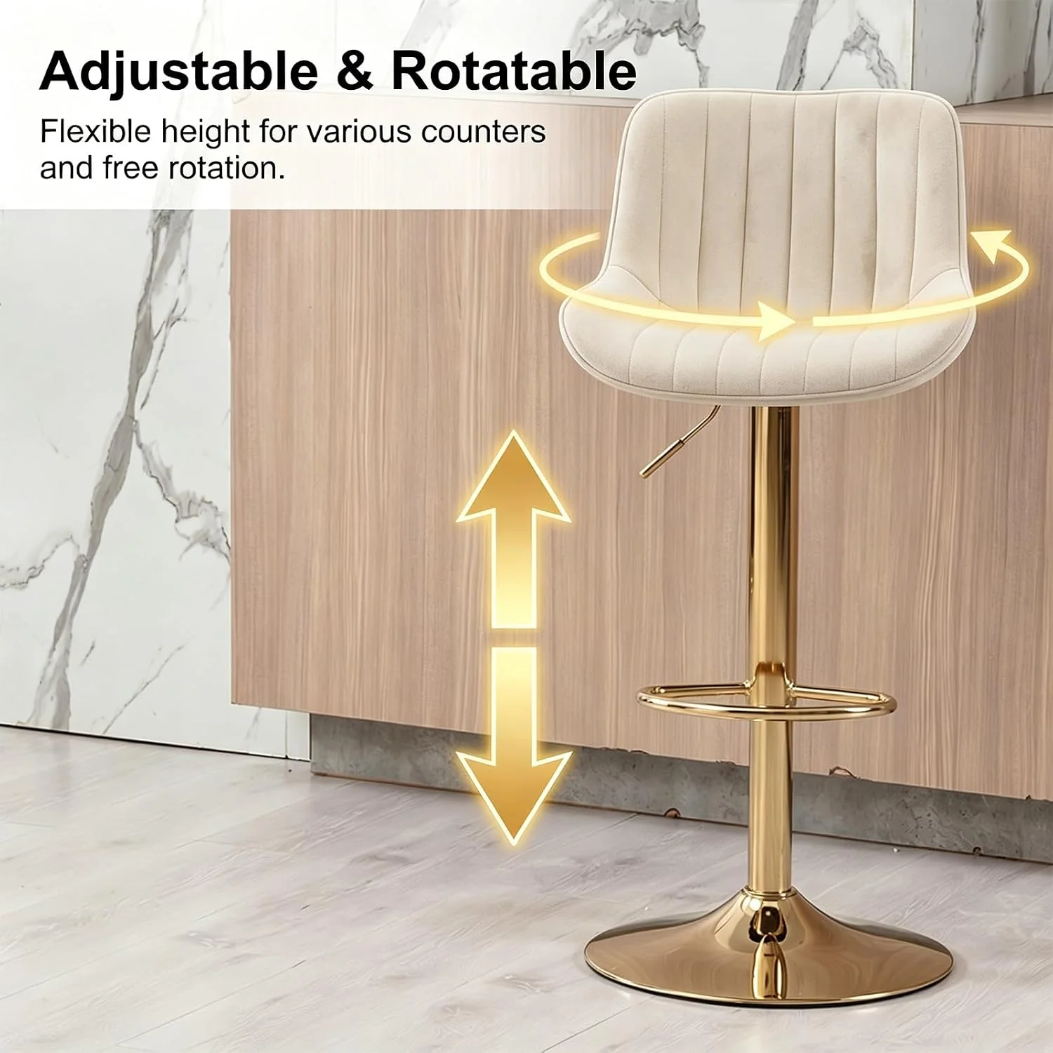 FashionTick Velvet Swivel Counter Stools with Gold Base and Adjustable Height, Set of 2, Beige and Gold - image 6