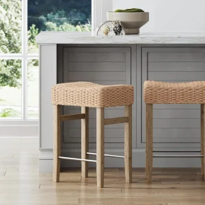 FashionTick Woven Seagrass Saddle Counter Stools with Wood Legs and Metal Footrest, Set of 2, Seagrass and Brushed Gray
